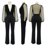 Mesh lantern sleeve V-neck open back jumpsuit