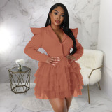 Mesh Splice V-Neck Right Shoulder Dress Skirt