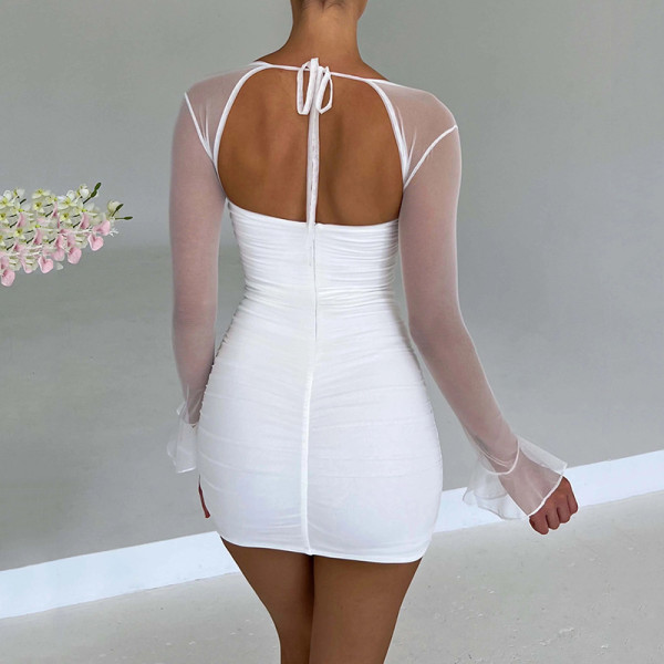 Sexy tight dress perspective long sleeve open backpack hip skirt