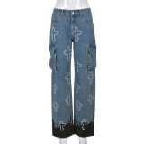 Sexy Multi Pocket Cross Glue Personalized Washing Jeans