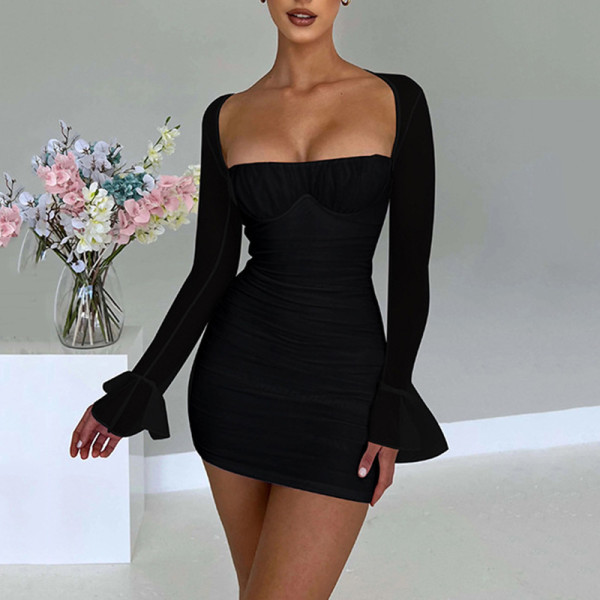 Sexy tight dress perspective long sleeve open backpack hip skirt