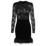 Perspective Lace Splice Hip Wrapped Short Skirt Slim Autumn Long Sleeve Dress
