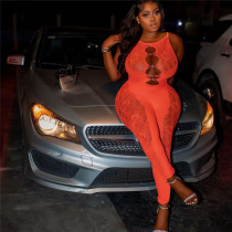 Women's fashion sexy jacquard mesh pure color hollow high elastic tight jumpsuit