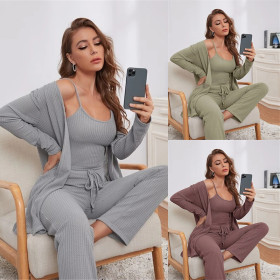 Household clothes Women's Waffle knitting suspender top trousers gown pajamas three piece suit