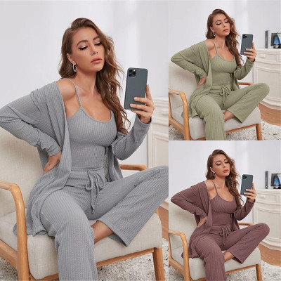 Household clothes Women's Waffle knitting suspender top trousers gown pajamas three piece suit