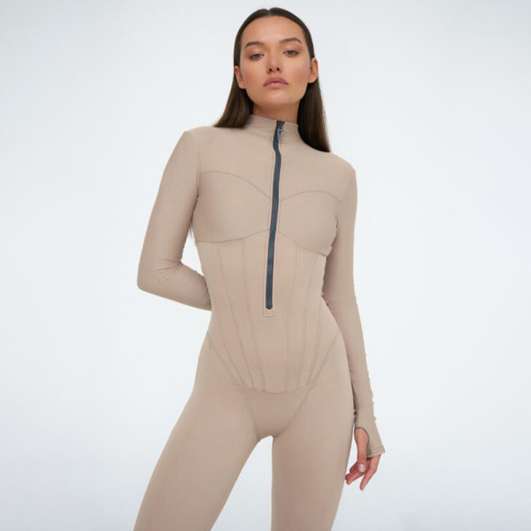 Women's sexy tight zipper jumpsuit long sleeve round neck leggings