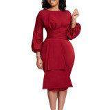 Solid color hip wrap professional OL temperament large dress