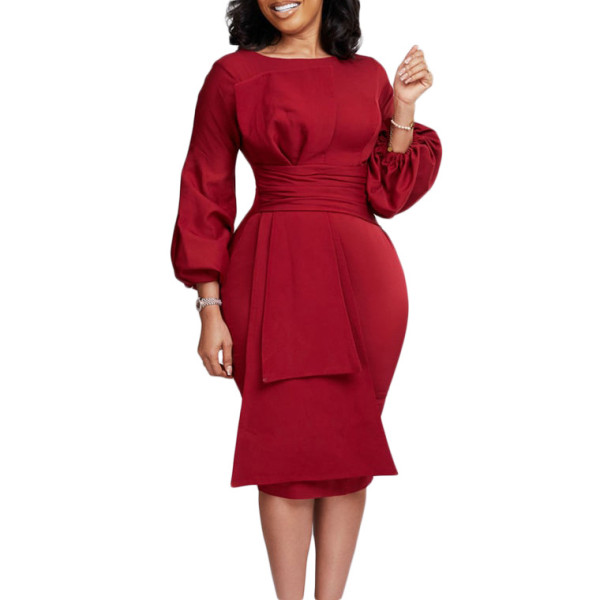 Solid color hip wrap professional OL temperament large dress