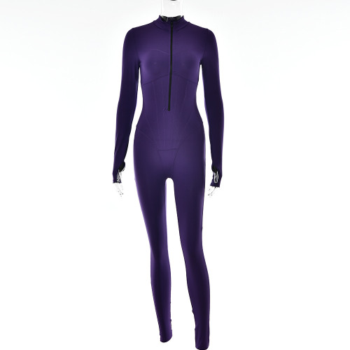 Women's sexy tight zipper jumpsuit long sleeve round neck leggings
