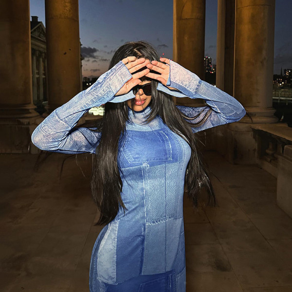 Fashion Personality Distressed Denim Print Long Sleeve Slim Wrap Hip Dress