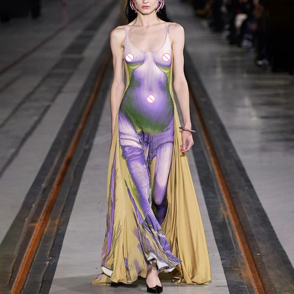 Fashion suspender backless 3D body print long dress