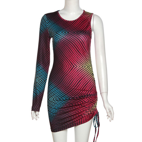 Women's fashion personality one sleeve printing slim bag hip dress