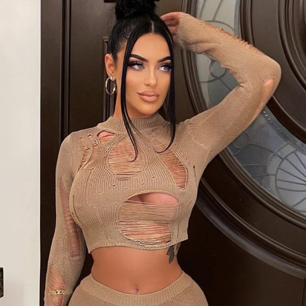 Fashion trendy sexy hollow hole long sleeve slim knit trousers suit