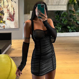 Slippery Shoulder Sleeves Breast Bandeau Pleated Sexy Short Hip Wrap Dress
