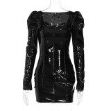PU mirror long sleeve tight hip bag sexy hot short dress