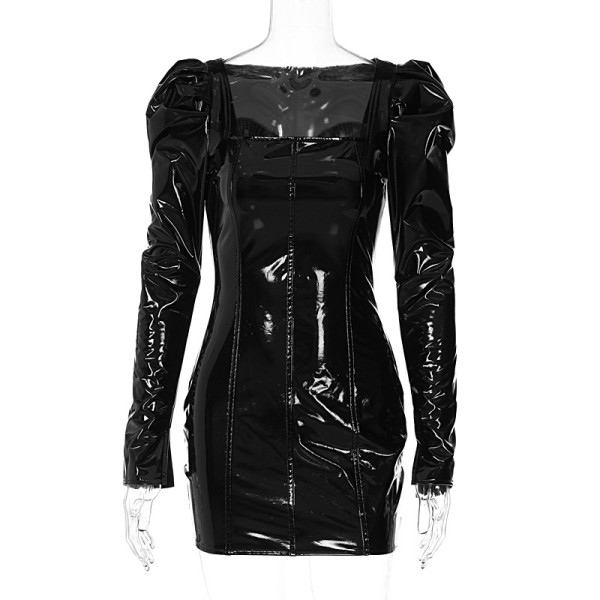 PU mirror long sleeve tight hip bag sexy hot short dress