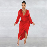Fashion Women's Solid V-Neck Long Sleeve Dress Pleated Dress