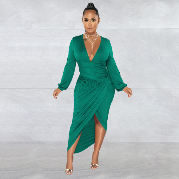 Fashion Women's Solid V-Neck Long Sleeve Dress Pleated Dress