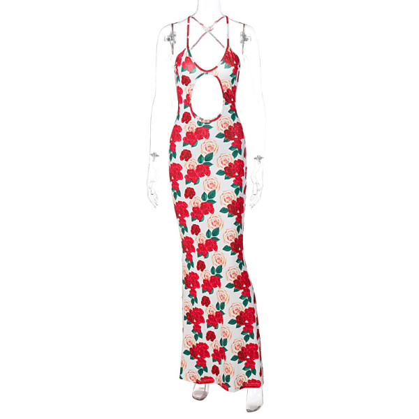 Floral printed wrap chest backless hollow sexy hot party dress