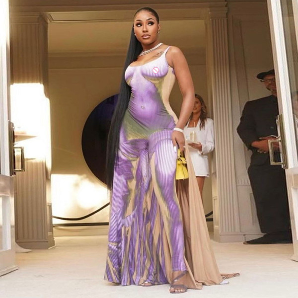 Fashion suspender backless 3D body print long dress