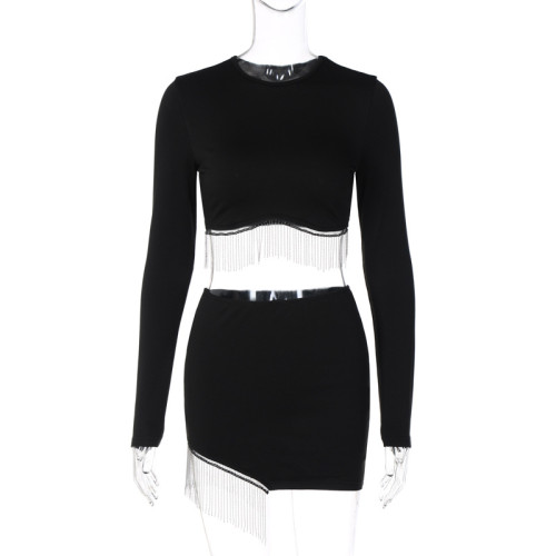 Fashion street long sleeve open navel tassel top hot short skirt suit