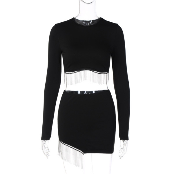 Fashion street long sleeve open navel tassel top hot short skirt suit