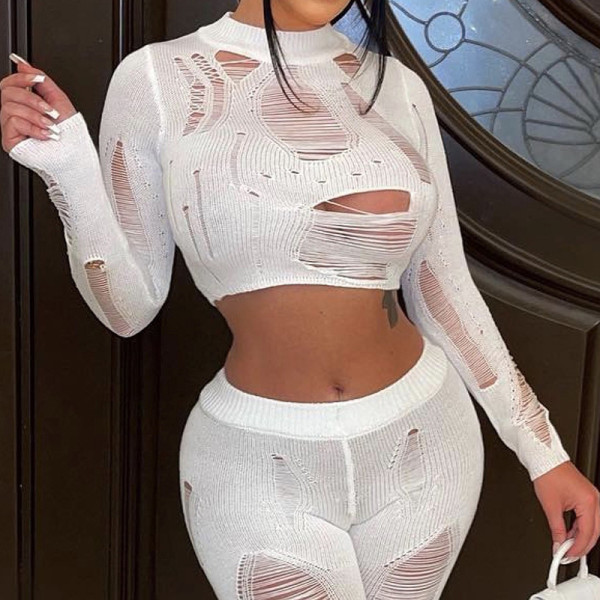 Fashion trendy sexy hollow hole long sleeve slim knit trousers suit