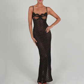Sexy Sling Skirt Fashion Lace Backless Split Polka Point Dress