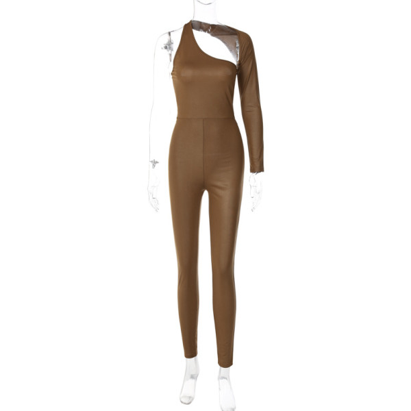 Sexy Off Shoulder One Sleeve Hollow out PU Leather Fashion Trend Bodysuit