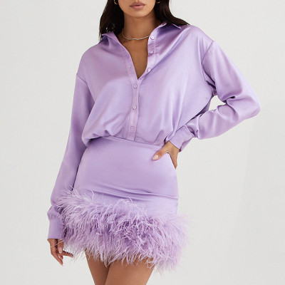 Fashion long sleeved plain satin feather decorative shirt skirt