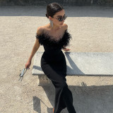 Ostrich hair deep V sexy tight fashion street dress dress