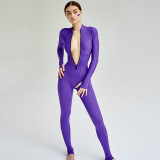 Women's sexy tight zipper jumpsuit long sleeve round neck leggings