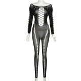 Fashionable sexy pierced solid high elastic long tights