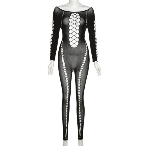 Fashionable sexy pierced solid high elastic long tights