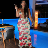 Floral printed wrap chest backless hollow sexy hot party dress