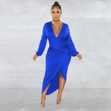 Fashion Women's Solid V-Neck Long Sleeve Dress Pleated Dress