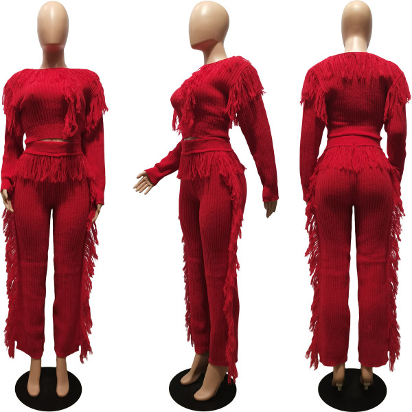 Women's casual solid color knitting long sleeve tassel suit women's sweater