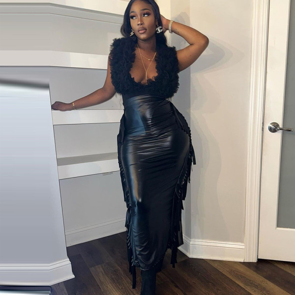 Fashion personality slit tassel high elastic leather skirt