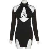 Fashion sexy hot girl hollow out long sleeved solid fitting hip wrap dress