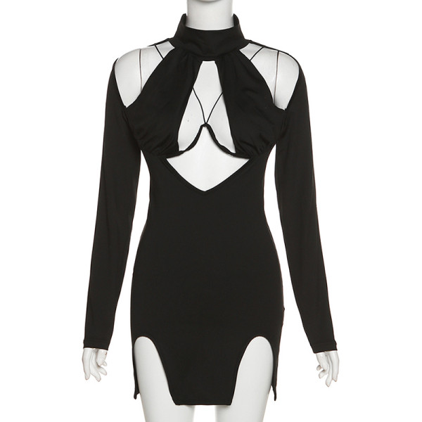 Fashion sexy hot girl hollow out long sleeved solid fitting hip wrap dress