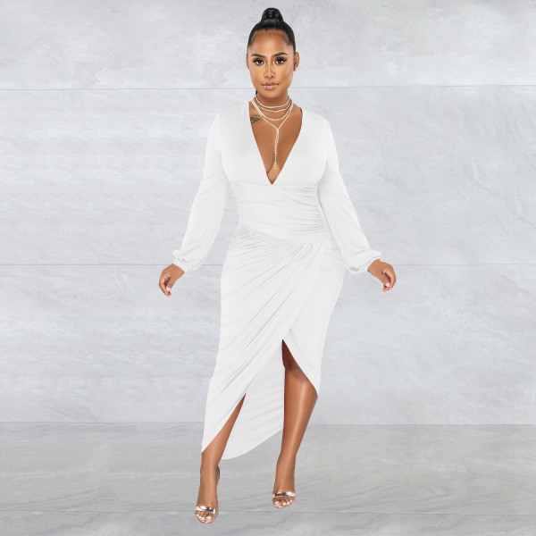 Fashion Women's Solid V-Neck Long Sleeve Dress Pleated Dress