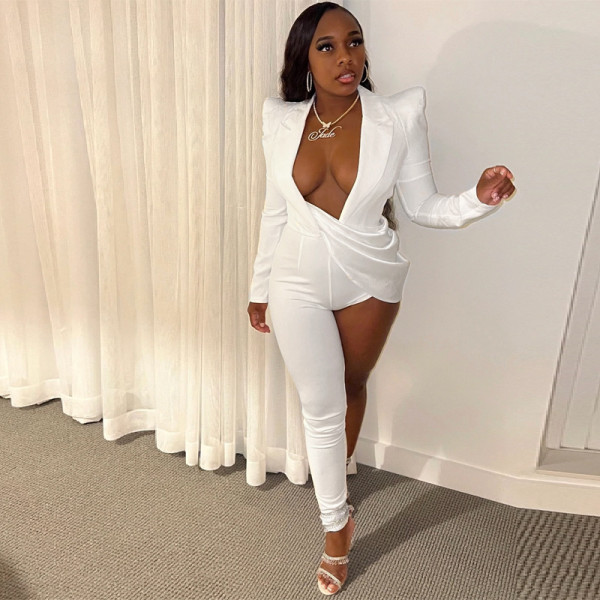 Long sleeve shoulder pad suit collar jumpsuit one leg pants