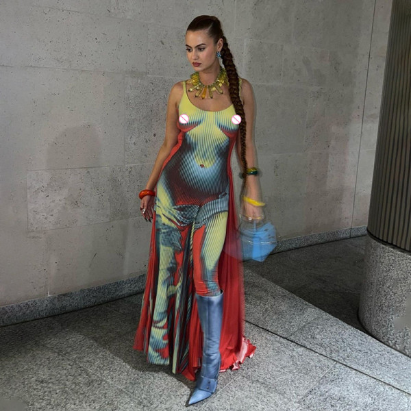 Fashion suspender backless 3D body print long dress