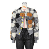 Vintage three-dimensional flower temperament loose single breasted cardigan jacket