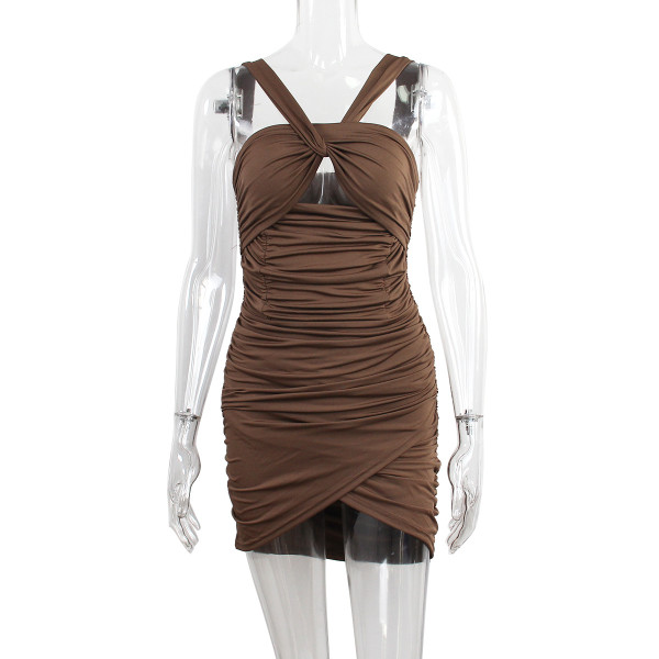 Women's Dress Sexy Cross Twisted Backless Pleated Hip Wrap Dress