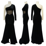 Women's slant neck pleated split solid fishtail dress