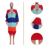 Women's casual color contrast cardigan hand knitted coat