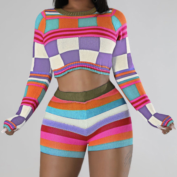 Shang Contrast Long Sleeve High Waist Slim Fit Shorts Knit Set