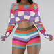 Shang Contrast Long Sleeve High Waist Slim Fit Shorts Knit Set