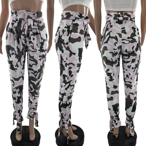 Women's casual sports camouflage printing basic regular high waist trousers